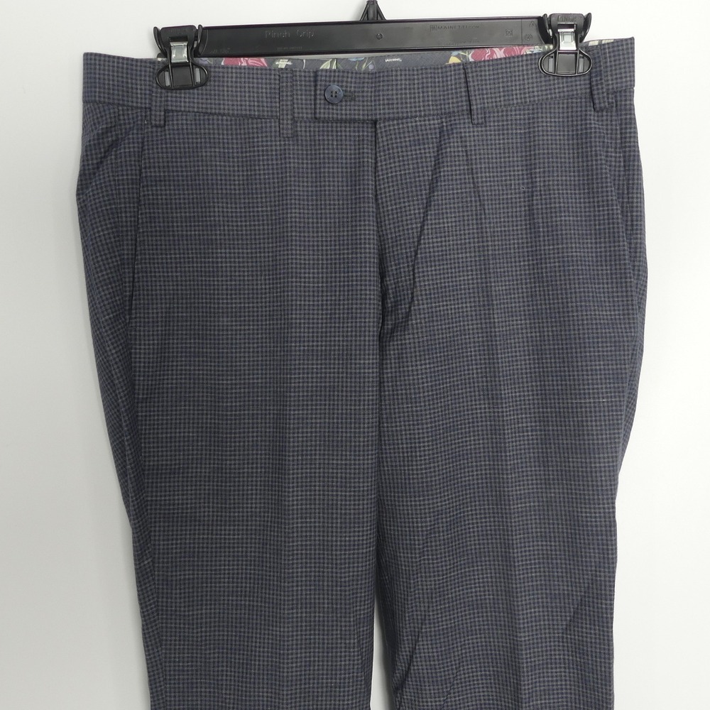 Hiltl Wool Cotton Blend Dress Pants Flat‎ Front Blue Check Men's 35x34